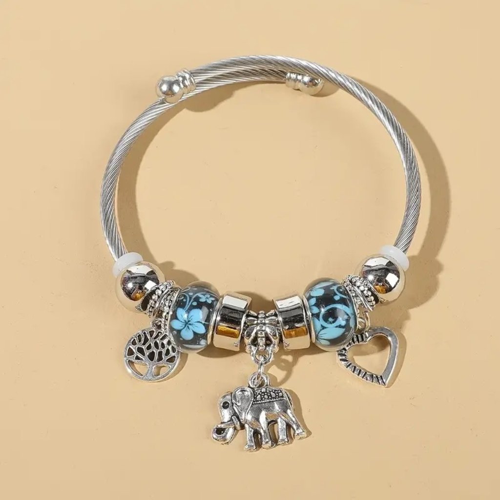 Elegant 925 Sterling Silver Tree Of Life Elephant Open Bracelet Bangle Cuff
